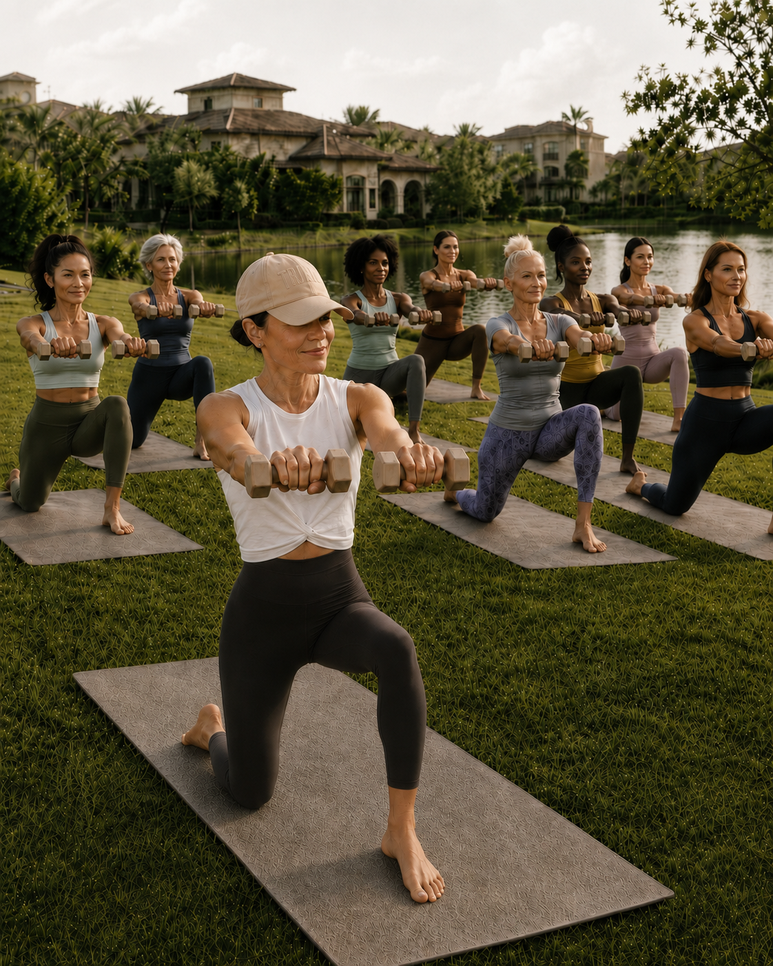 A diverse group of women strength training together with dumbbells outdoors.