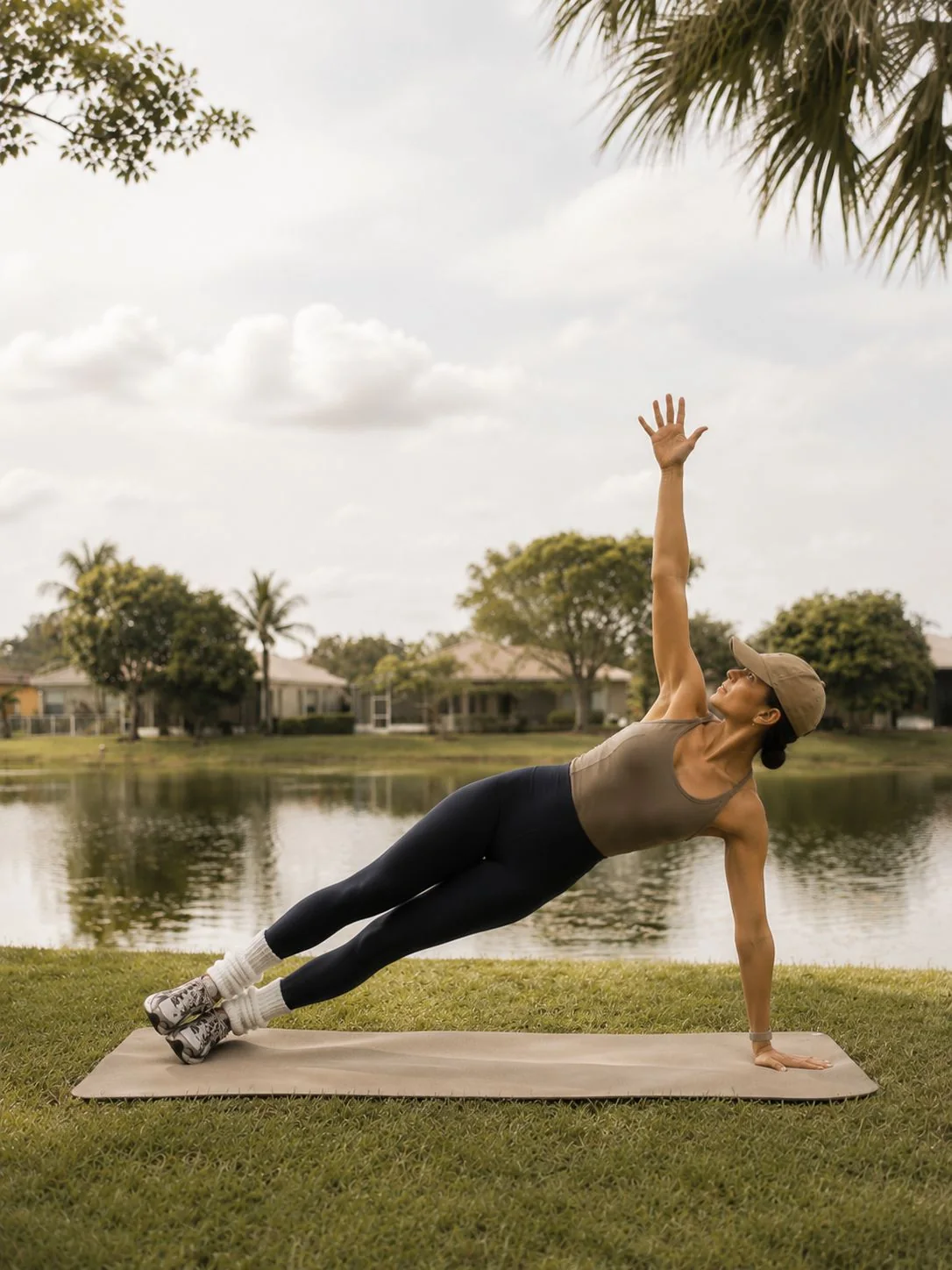 Ruth holding a strong side plank with one arm reaching upward.